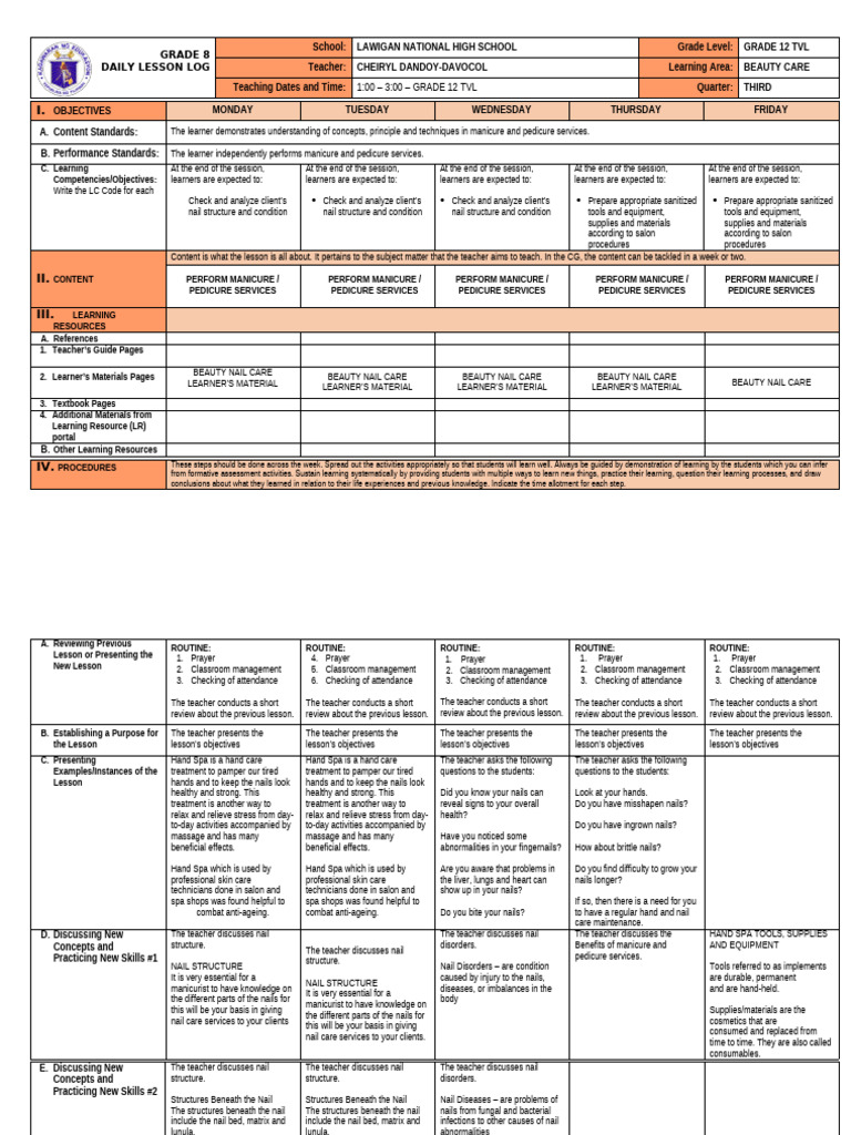 Grade 12 TVL Beauty Care Lesson Plan | PDF | Nail (Anatomy) | Learning