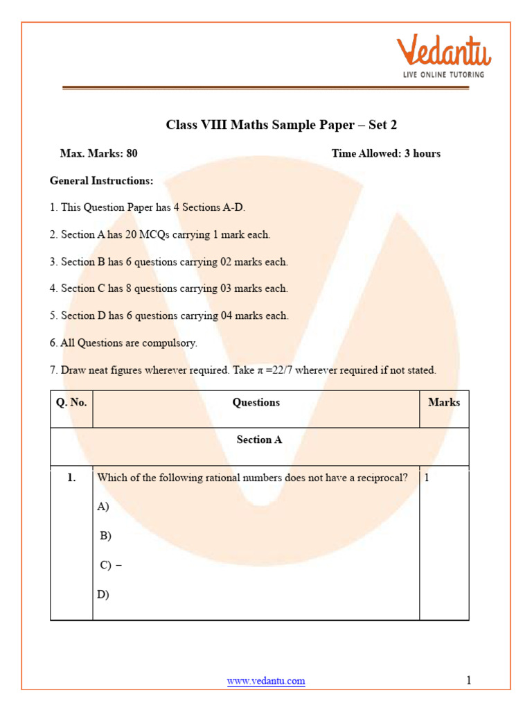 Class 8 Maths Sample Paper Set 2 | PDF | Area | Mathematics