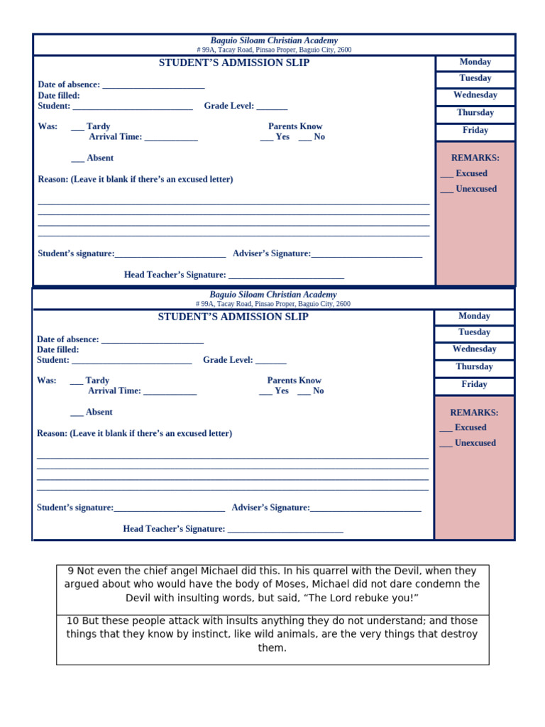 Student Admission Slip Template | PDF