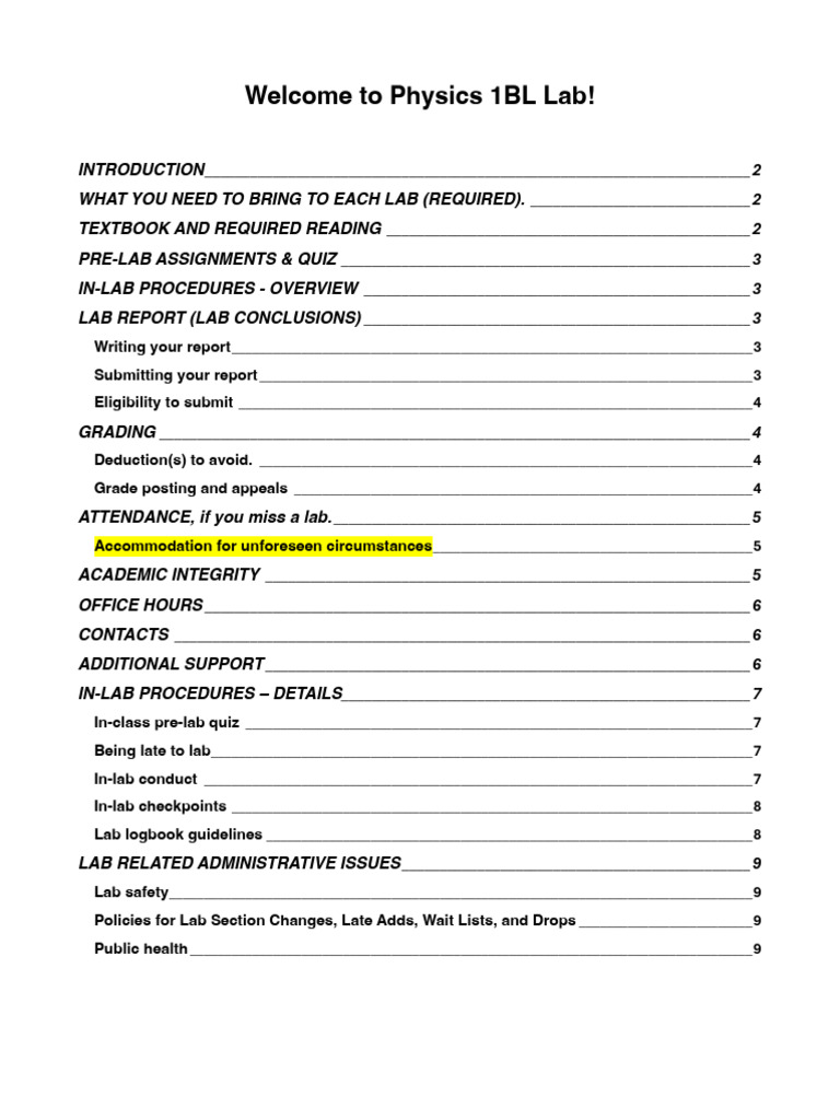 Physics 1BL Lab Guide and Procedures | PDF | Academic Integrity
