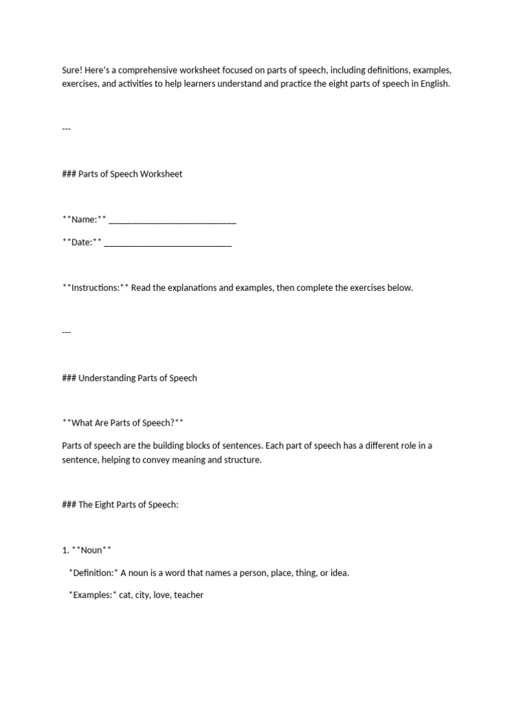 Parts of Speech Worksheet with Answers | PDF | Part Of Speech | Adverb