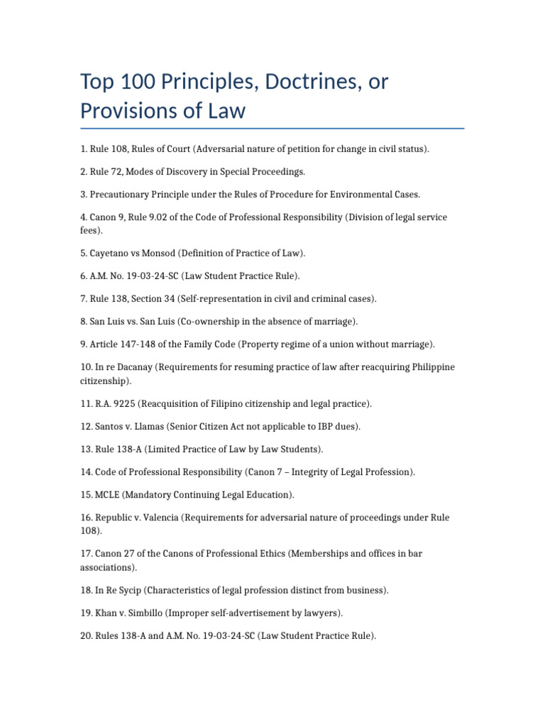 Top 100 Legal Principles and Doctrines | PDF