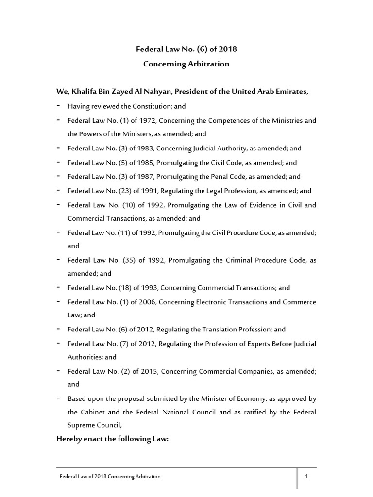 UAE Federal Arbitration Law 2018 | PDF | Arbitral Tribunal | Arbitration