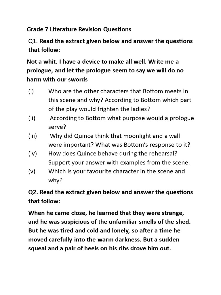 Grade 7 Literature Revision Questions Term 2 | PDF