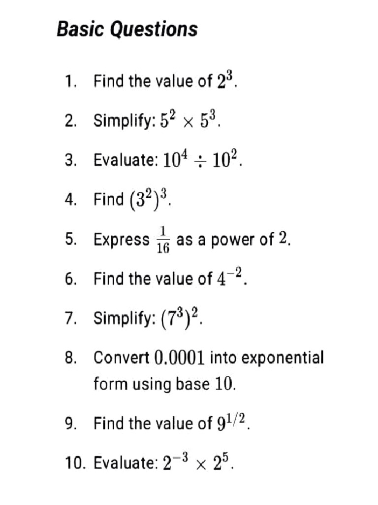 Math Questions: Powers and Exponents | PDF