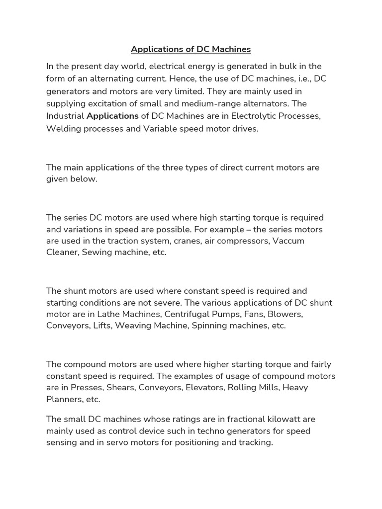 Applications of DC Machines | PDF | Electric Motor | Direct Current