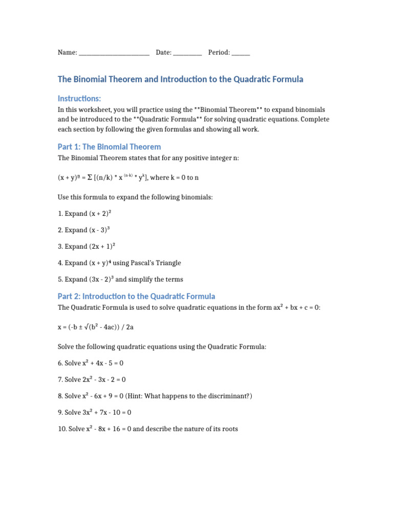 Binomial Theorem & Quadratic Formula Worksheet | PDF