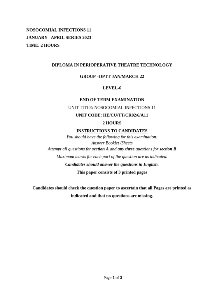 Exam on Nosocomial Infections | PDF | Infection | Hospital Acquired ...