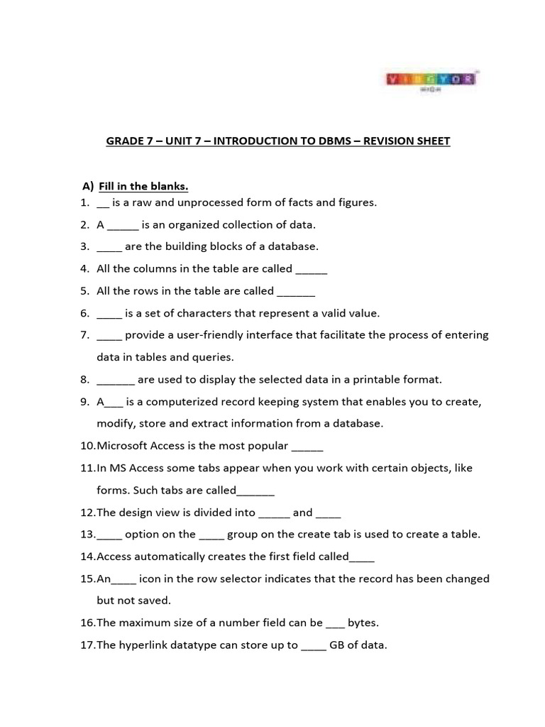 Grade 7 DBMS Revision Sheet | PDF