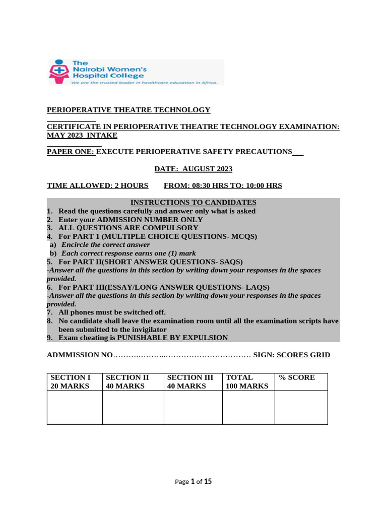 Perioperative Theatre Safety Exam Guide | PDF | Occupational Safety And ...