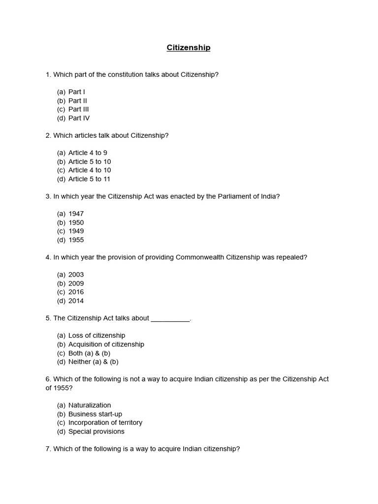 Indian Citizenship Act Overview and Details | PDF | Naturalization ...