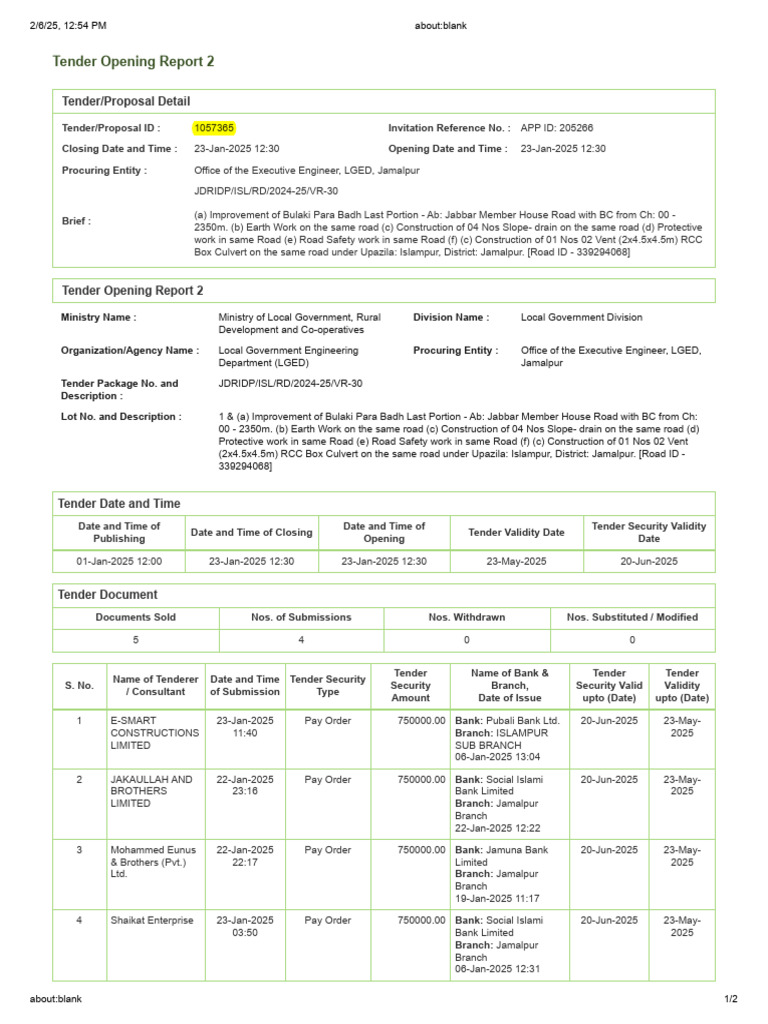 Tender Report for Jamalpur Road Project | PDF