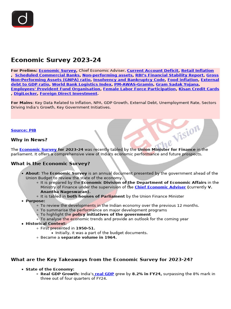 Economic Survey 2023-24 Insights | PDF | Inflation | Gross Domestic Product