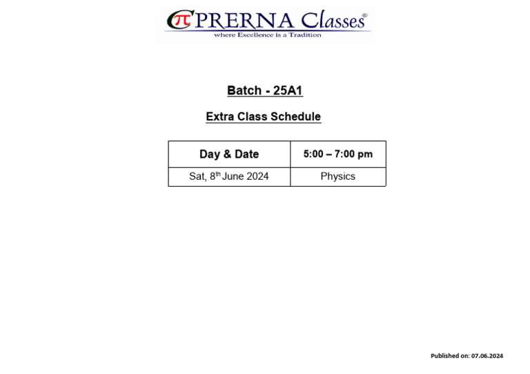 Batch - 25A1: Extra Class Schedule | PDF