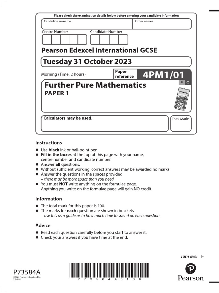 Edexcel IGCSE Further Pure Maths Exam | PDF | Area | Equations