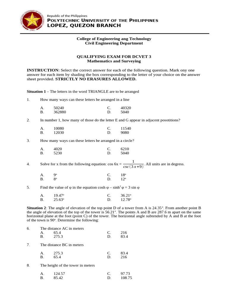Civil Engineering Qualifying Exam: Math & Surveying | PDF | Angle | Tangent