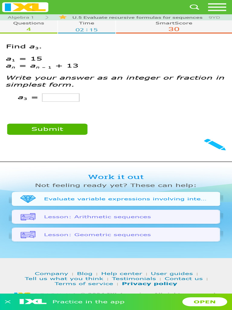 IXL - Evaluate Recursive Formulas For Sequences (Algebra 1 Practice) | PDF