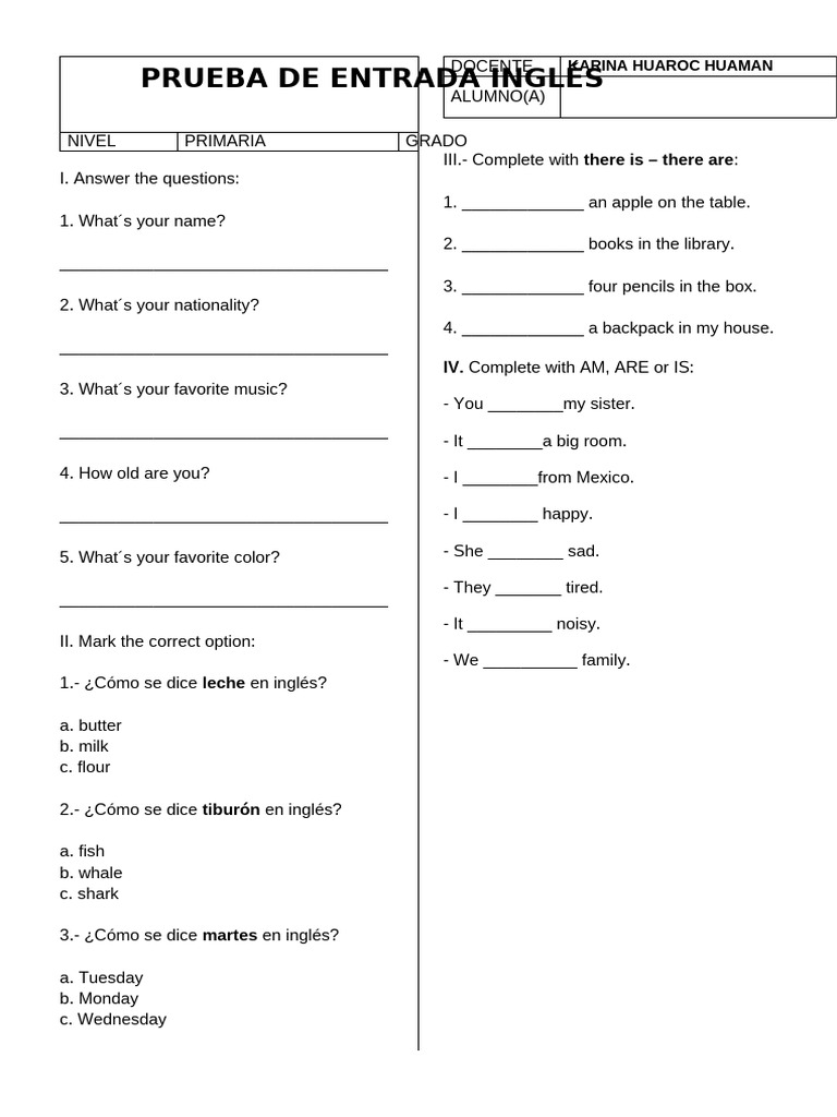 Prueba de Inglés para Primaria | PDF