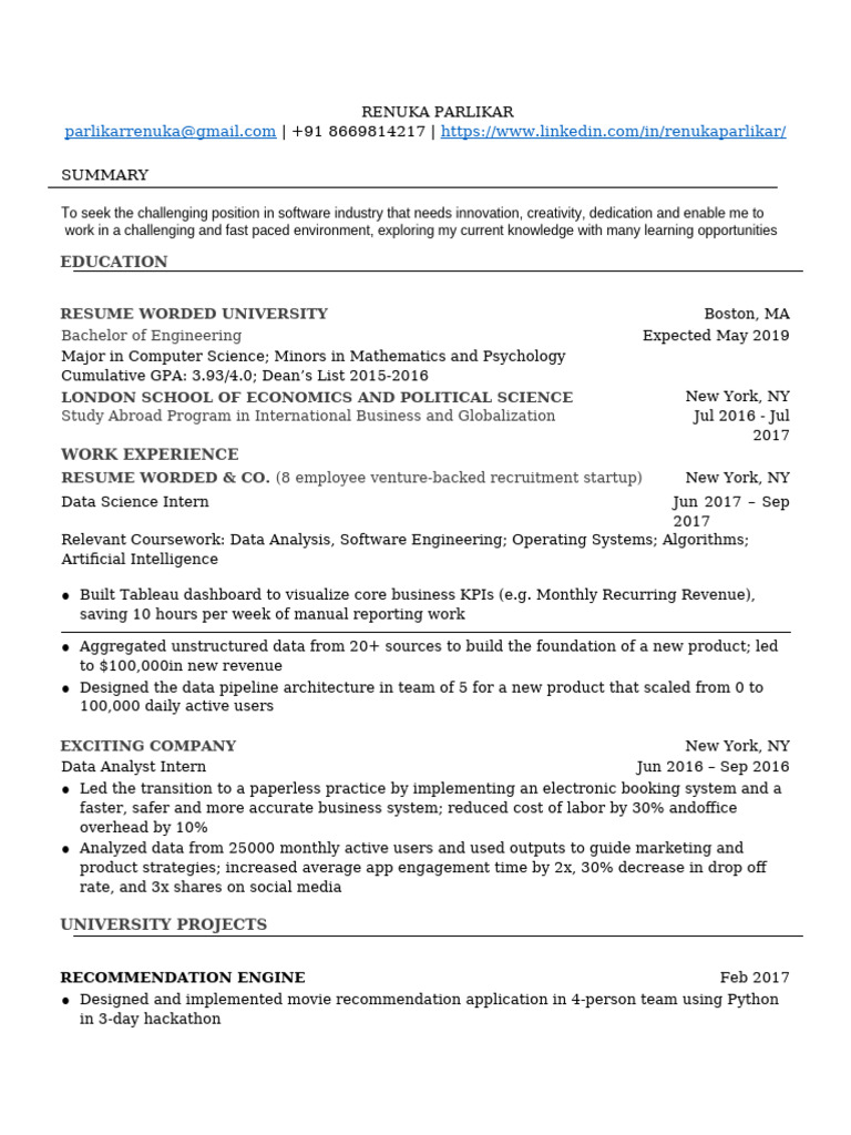 Data Science Intern Resume Summary | PDF | Data Analysis | Data Science