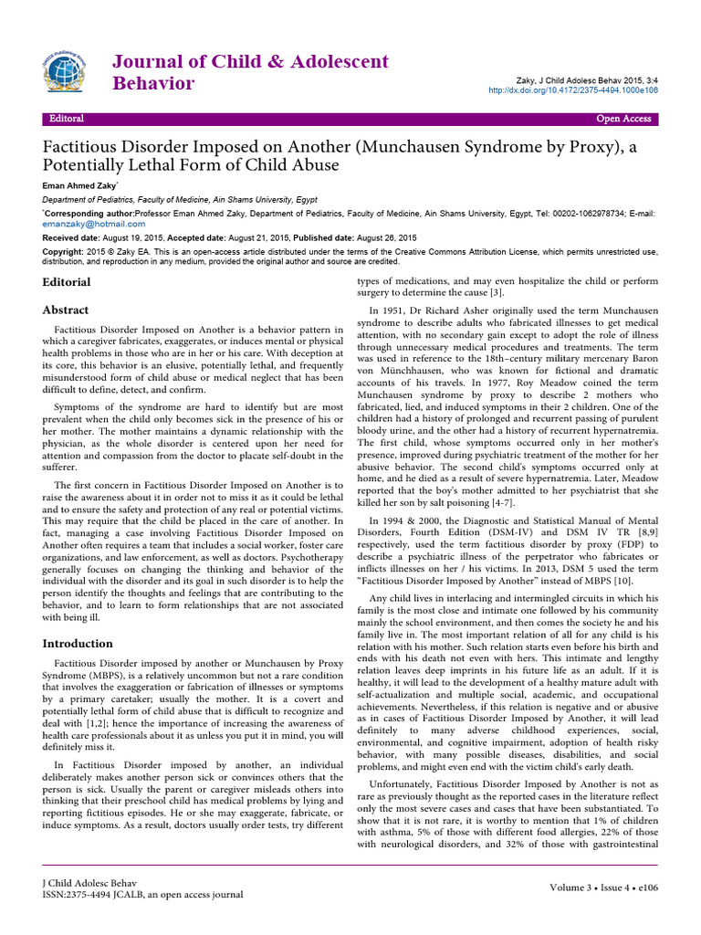 Factitious Disorder Imposed On Another Munchausen Syndrome by Proxy ...