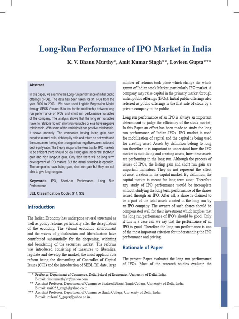 Long-Run IPO Performance Analysis in India | PDF | Equity (Finance ...