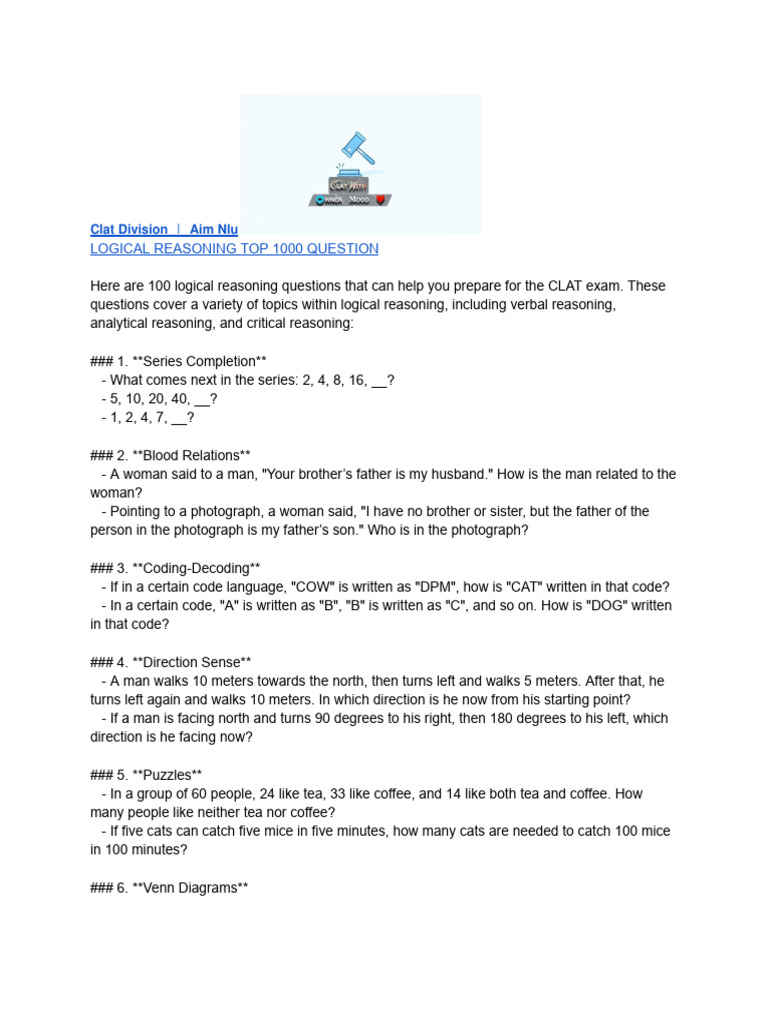 CLAT Logical Reasoning: Top 100 Questions | PDF | Cost Of Living | Logic