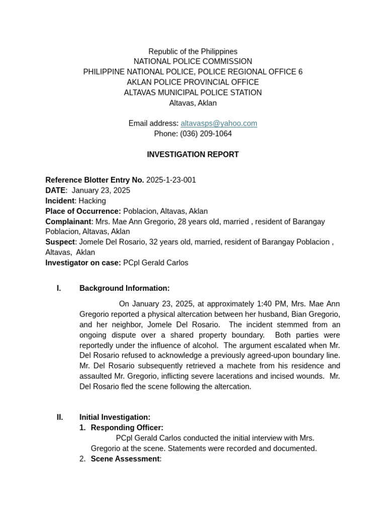 Aklan Police Investigation Report: Assault | PDF | Police | Criminal Law