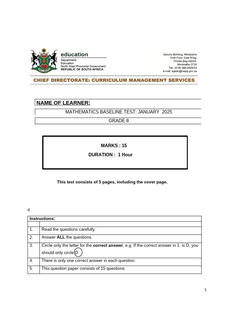 Grade 8 Maths Baseline Test 2025 | PDF | Mathematics