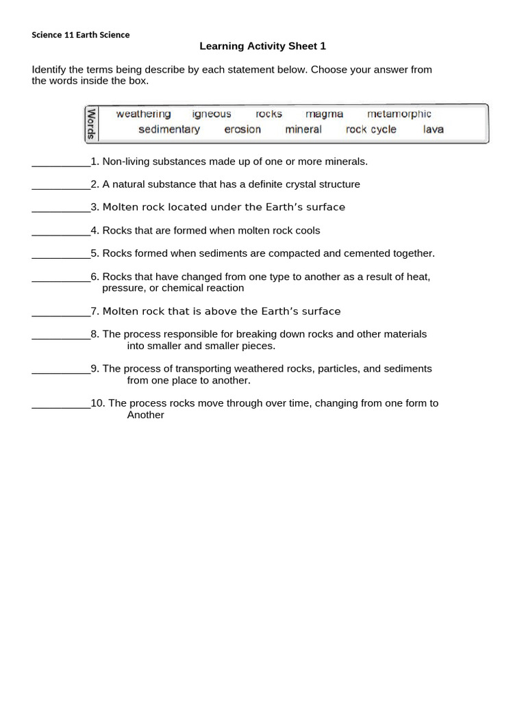 Learning Activity Sheet 1 2 3 | PDF | Rock (Geology) | Sedimentary Rock