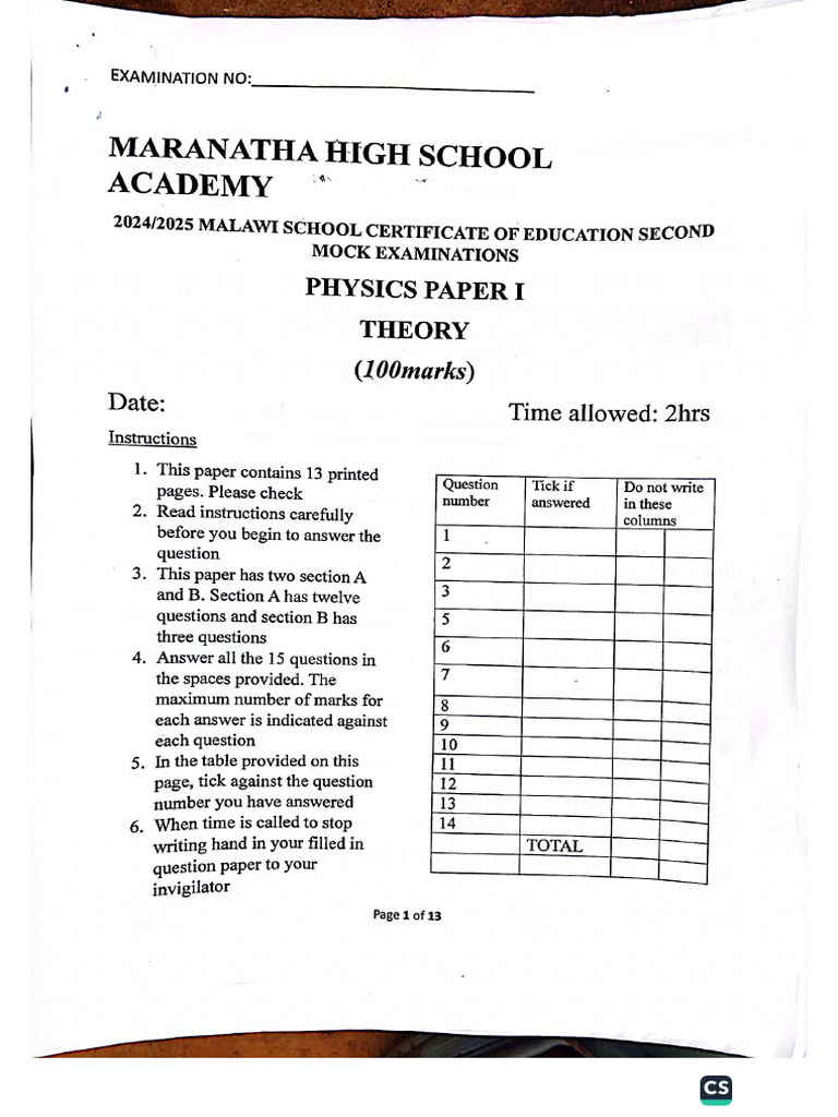 2025 Maranatha Academy Form 4 Mock 2 Physics Pi | PDF