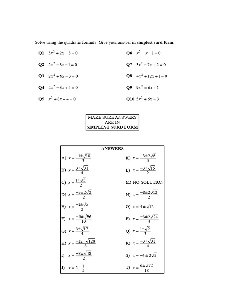 Quadratic Formula Solutions Guide | PDF