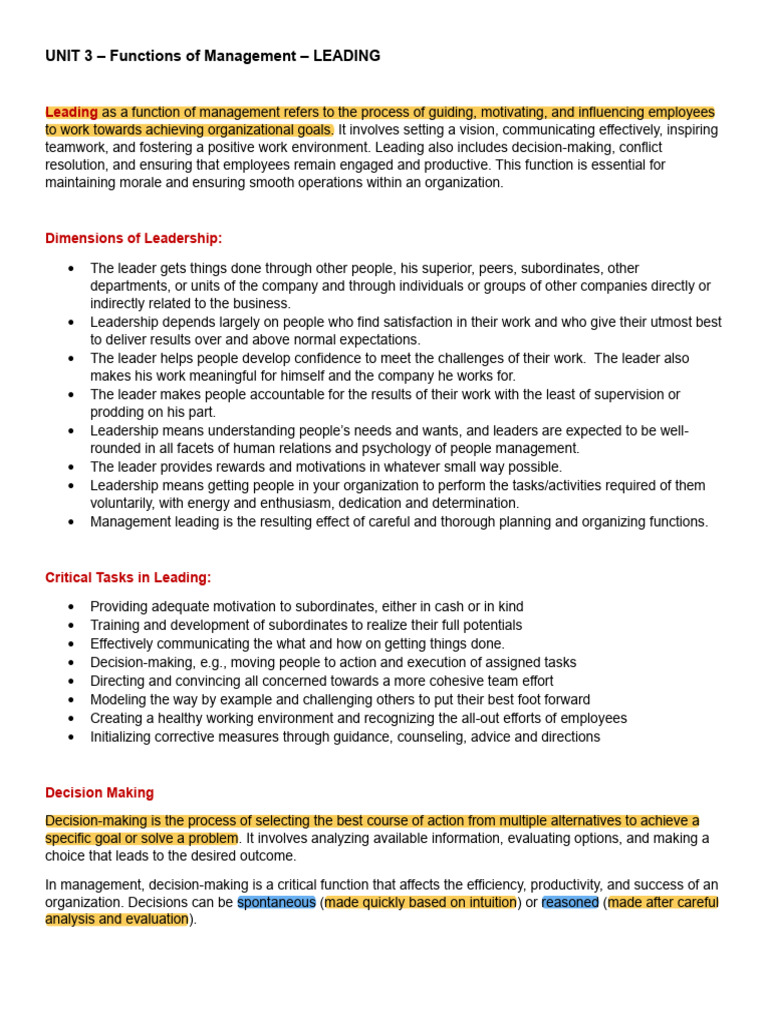 UNIT+3+-+Functions+of+Management+-+LEADING+Notes | PDF | Decision ...