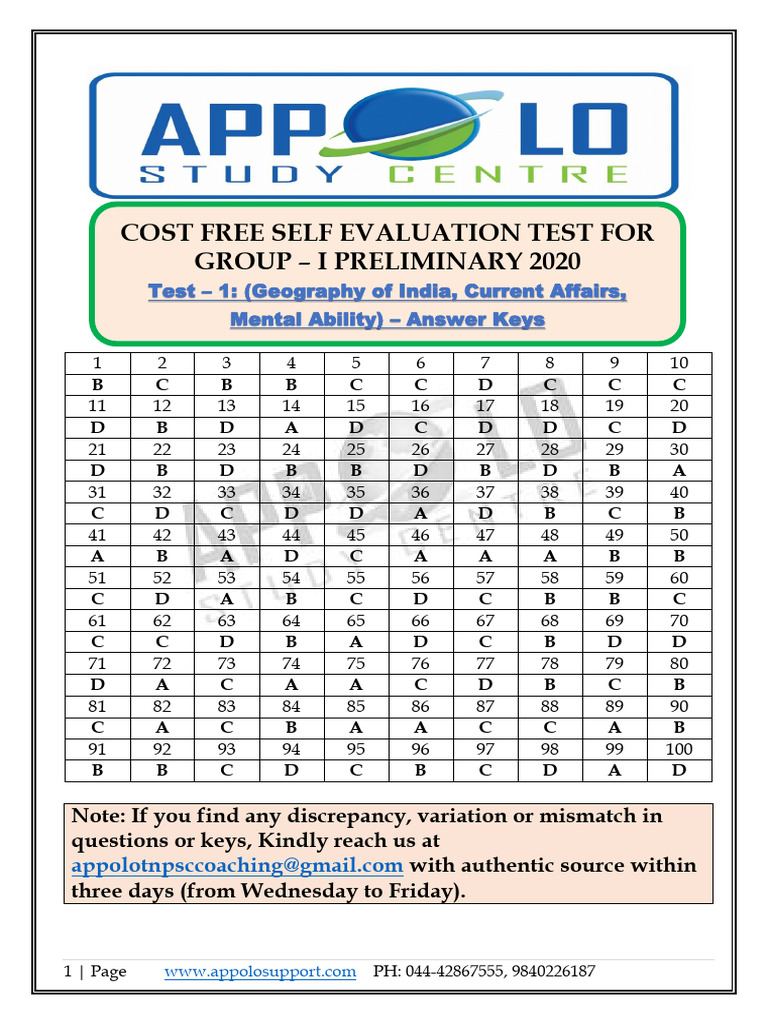 Apollo Test Series Answer Key 2020 | PDF