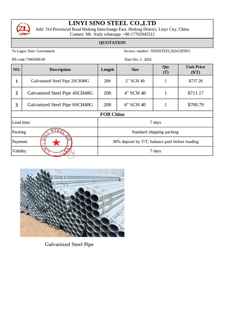 Galvanized Steel Pipe Quotation Invoice | PDF