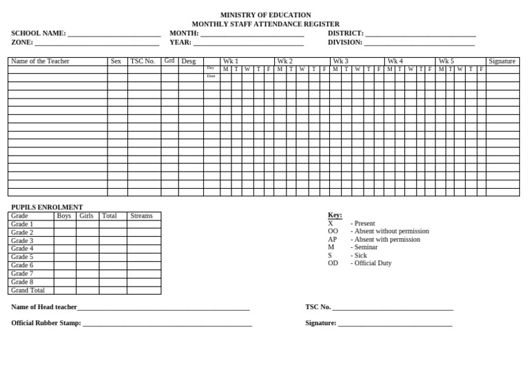 Monthly Staff Attendance Register | PDF