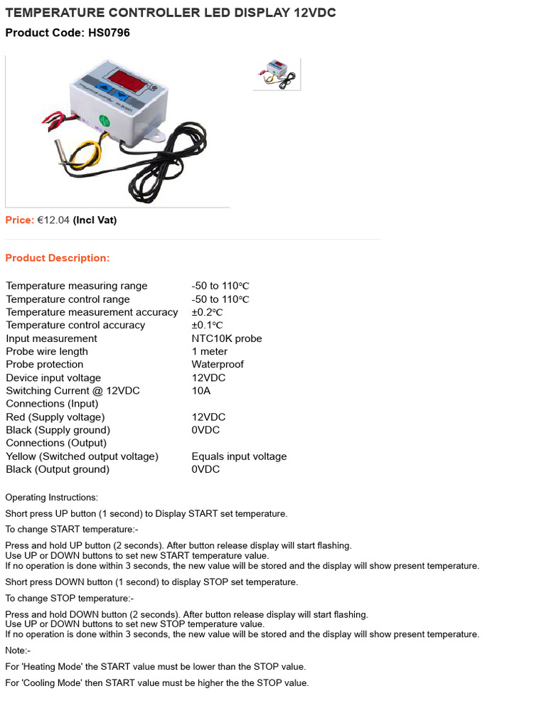 12VDC Temperature Controller with LED Display | PDF