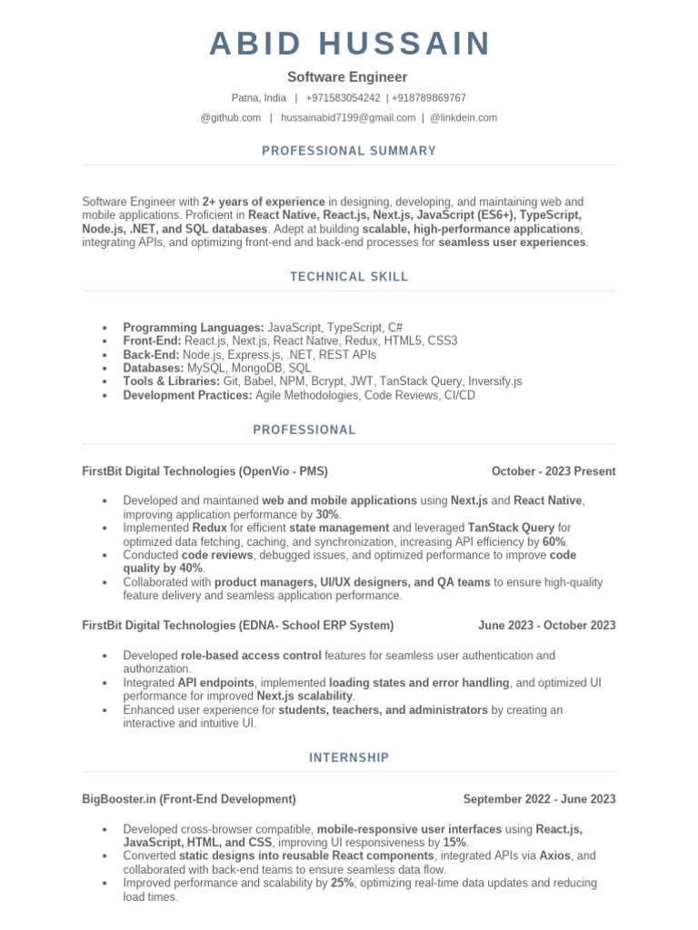 Software Engineer Abid Hussain Profile | PDF | Web Development | Computing