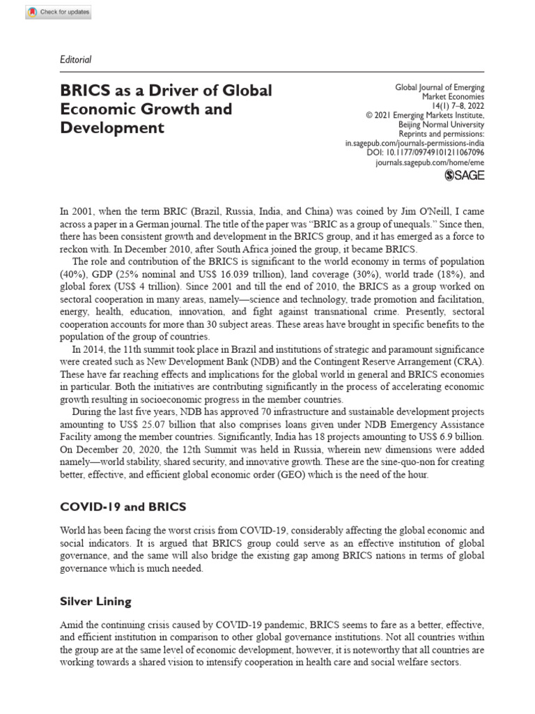Iqbal 2021 Brics As A Driver of Global Economic Growth and Development ...