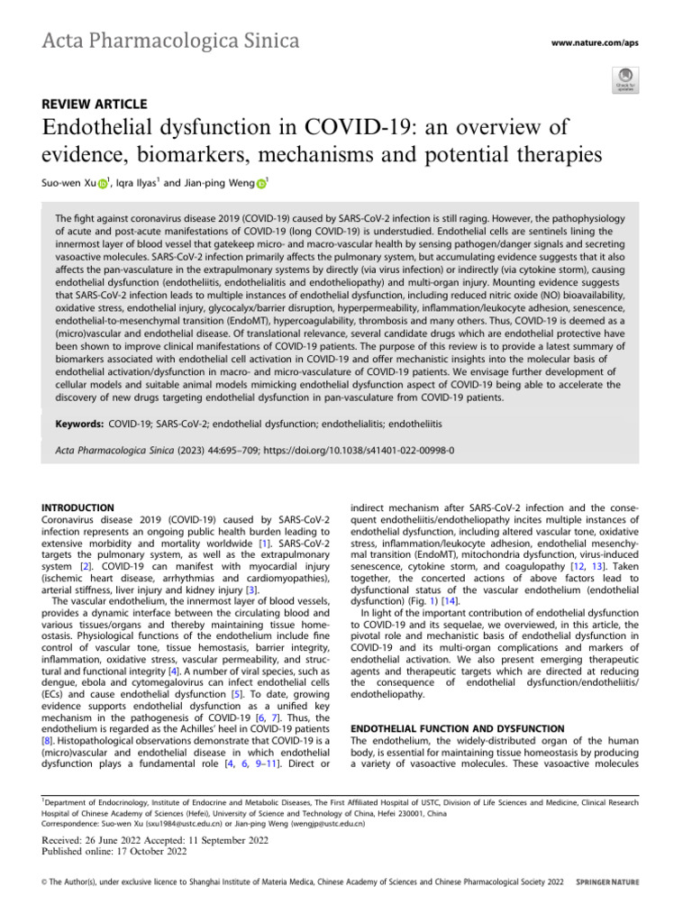 Endothelial Dysfunction in COVID-19 Overview | PDF | Endothelium ...