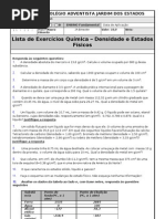 Lista de exercícios densidade e estados físicos - 9º Ano