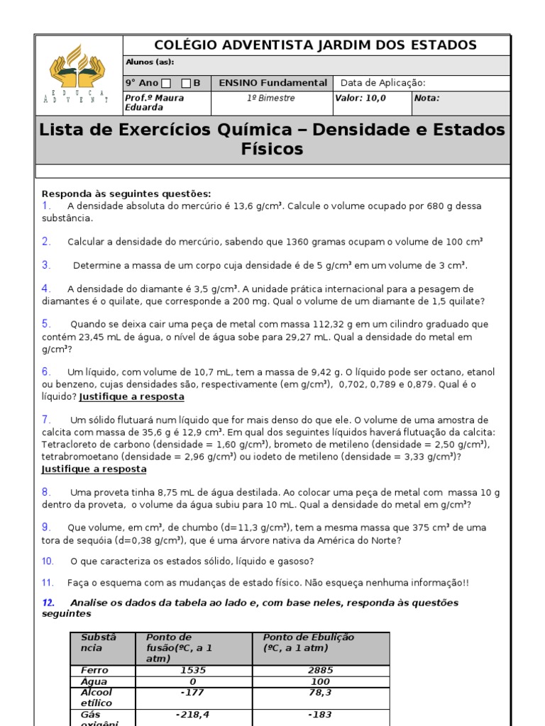 Exercícios de Densidade 9º Ano | PDF | Densidade | Oxigênio