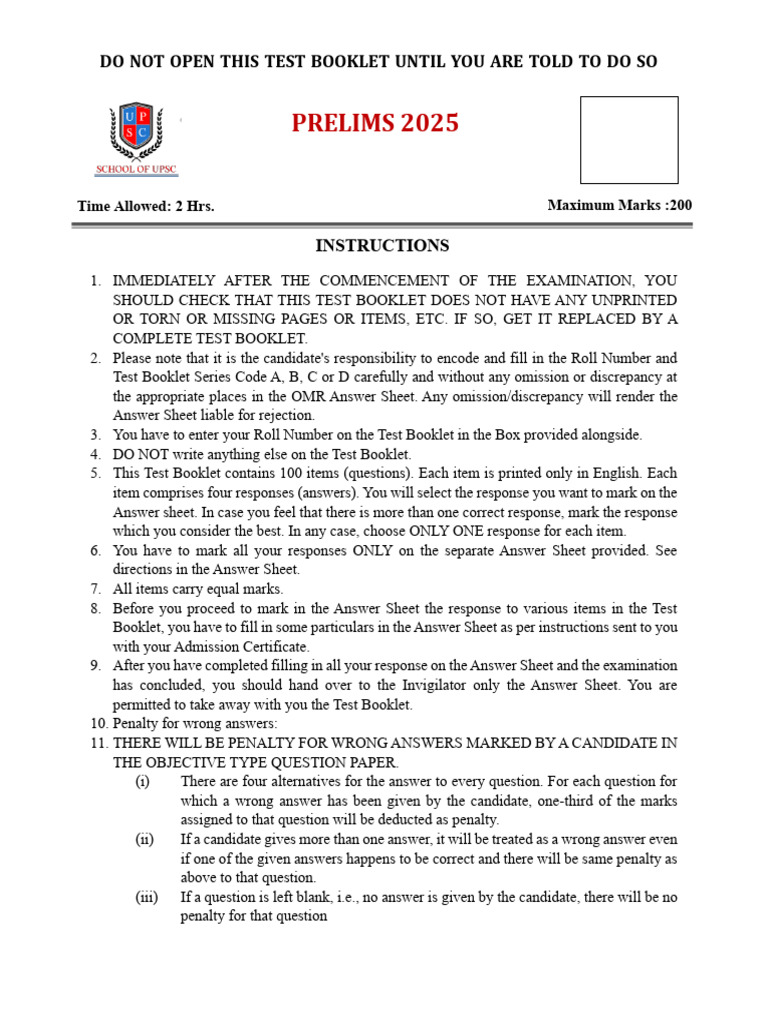 Exam Instructions for Prelims 2025 | PDF | Fusion Power