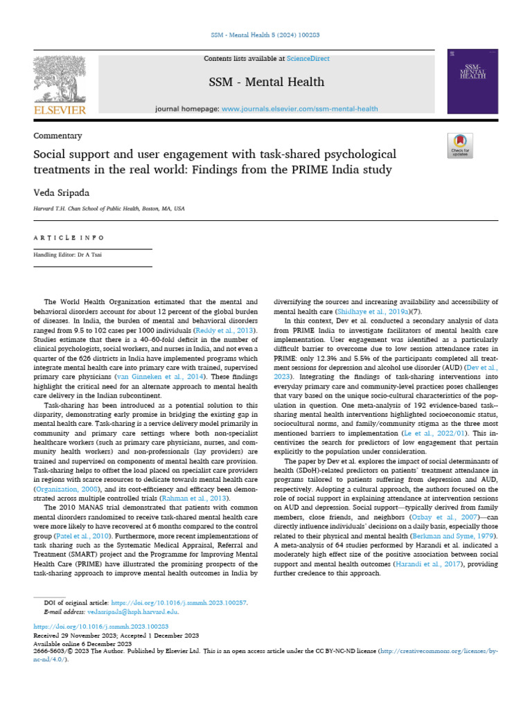 Social Support in Task-Shared Mental Health | PDF | Health Care ...