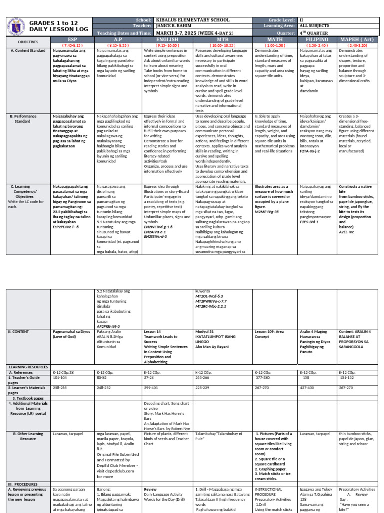 DLL All Subjects 2 q4 w4 d2 | PDF