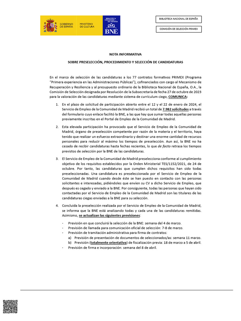 Nota Informativa PRIMEX Preseleccion | PDF | Madrid | Gobierno