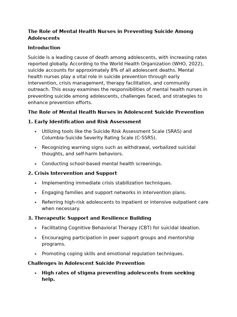 The Role of Mental Health Nurses in Preventing Suicide Among ...