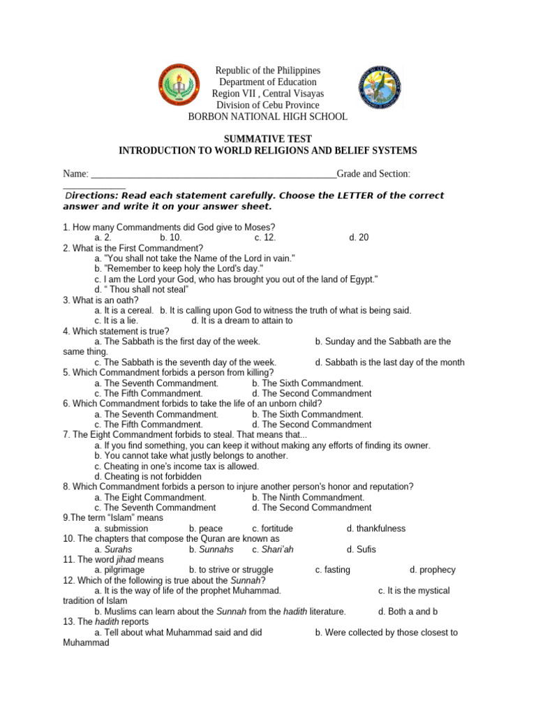World Religions Summative Test | PDF | Muhammad | Ten Commandments