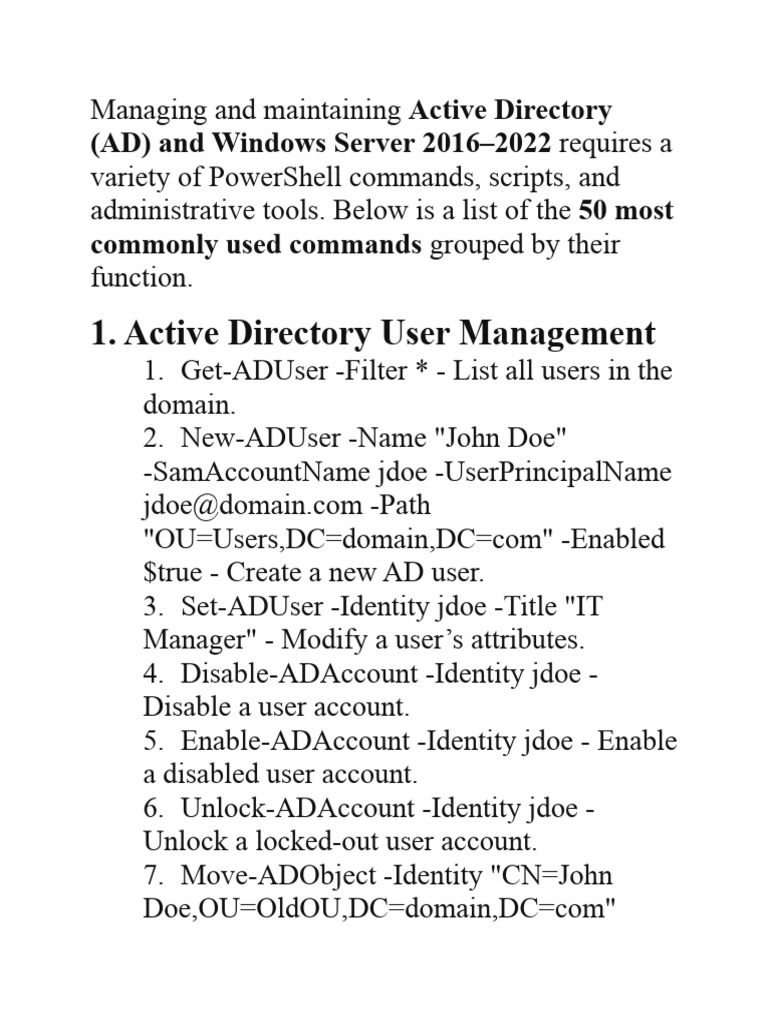 Essential PowerShell Commands for AD Management | PDF | Active ...
