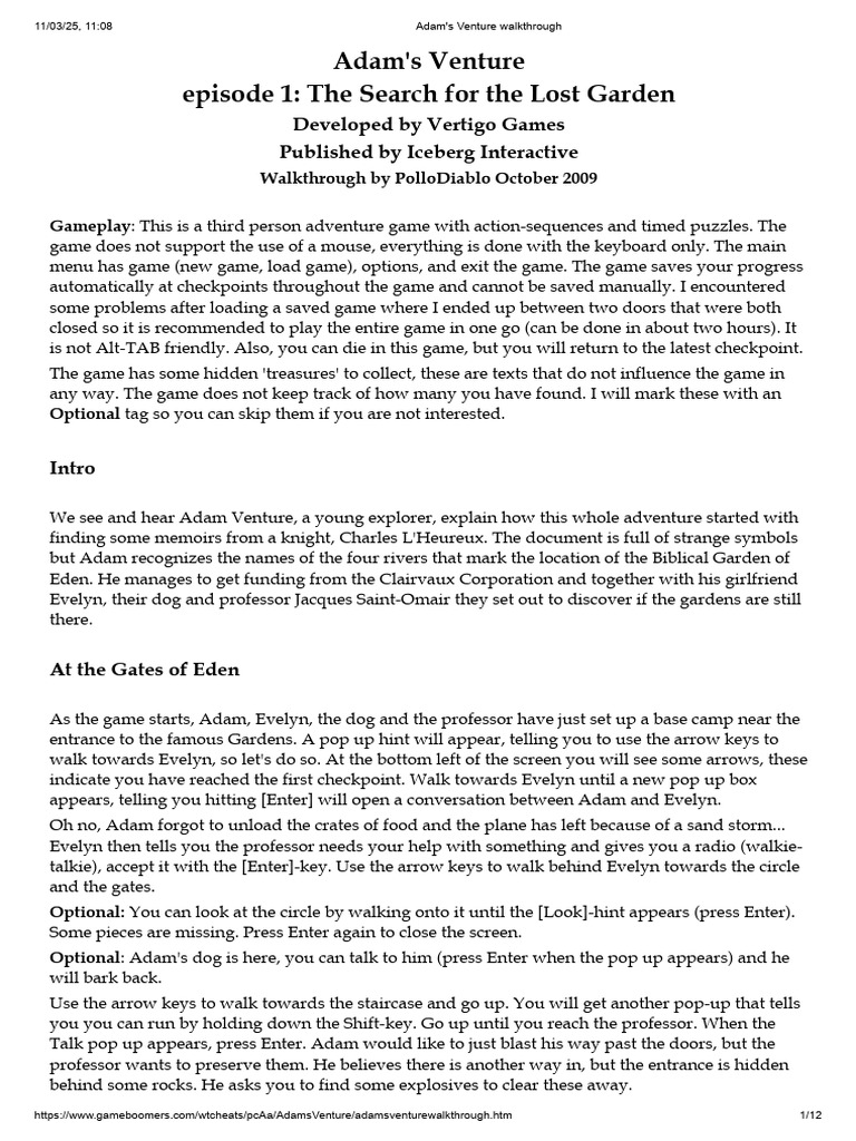 Adam's Venture: Lost Garden Walkthrough | PDF