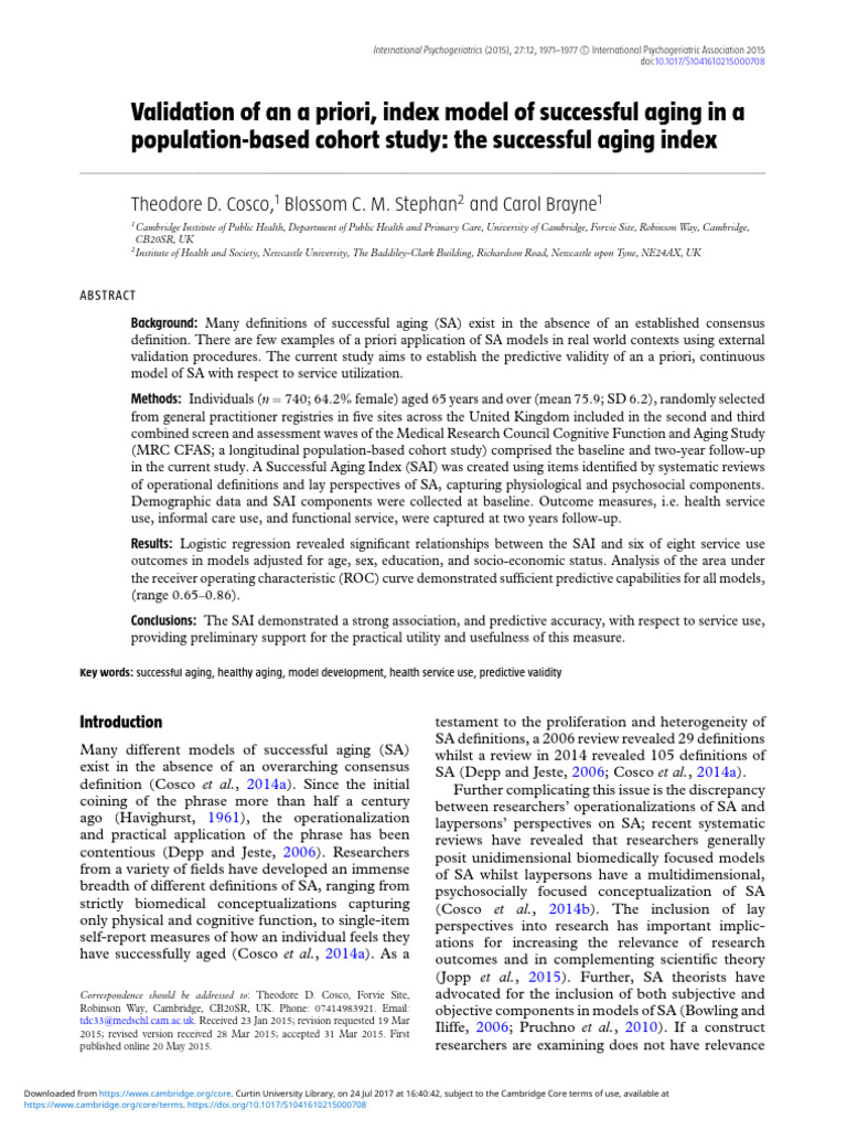 Validation of An A Priori, Index Model of Successful Aging in A ...